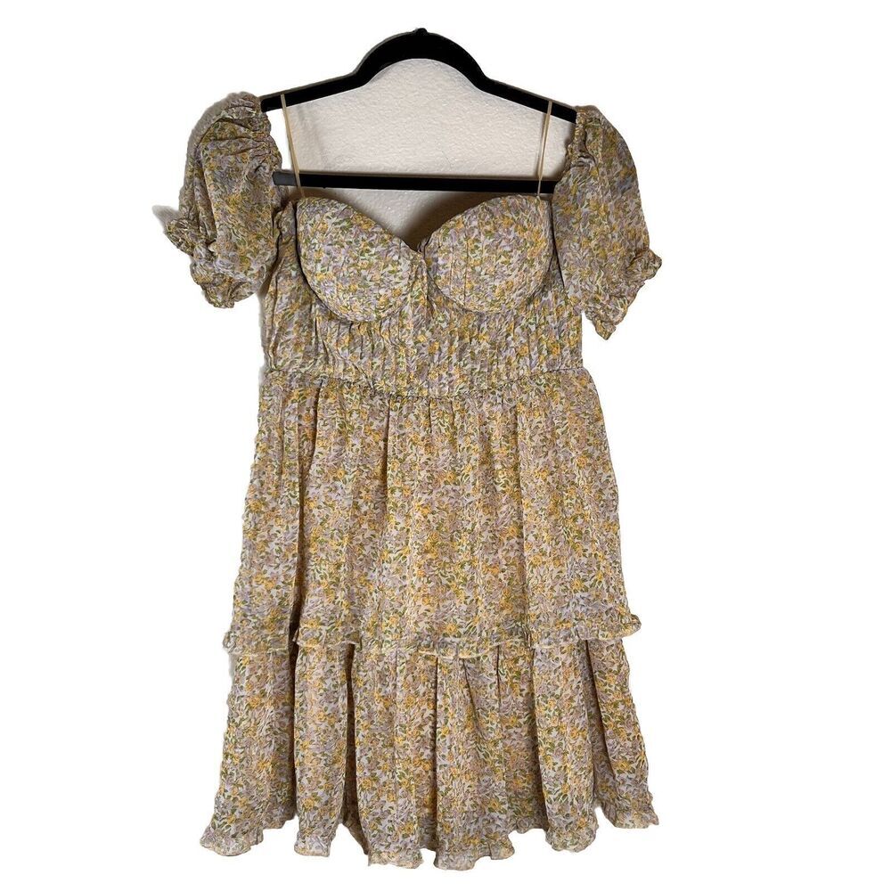 ASTR The Label Dress Womans Small Off Shoulder Two Tier Yellow Floral Multi Mini